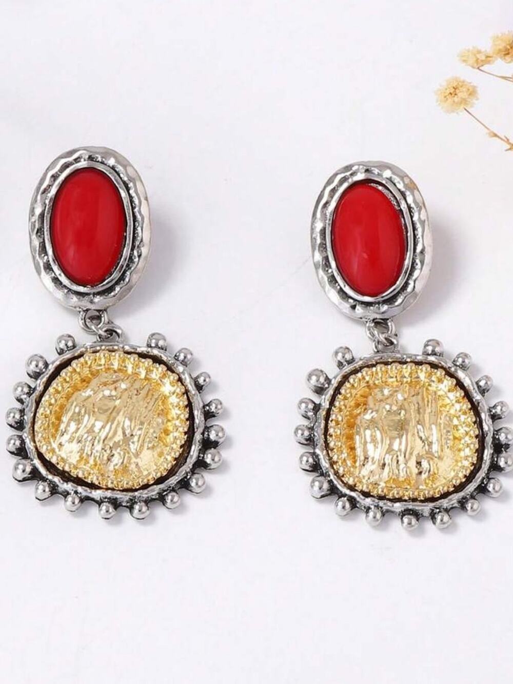 Stainless Steel Gold Coin Statement Earrings Red Gem Pearl Luxe Drop